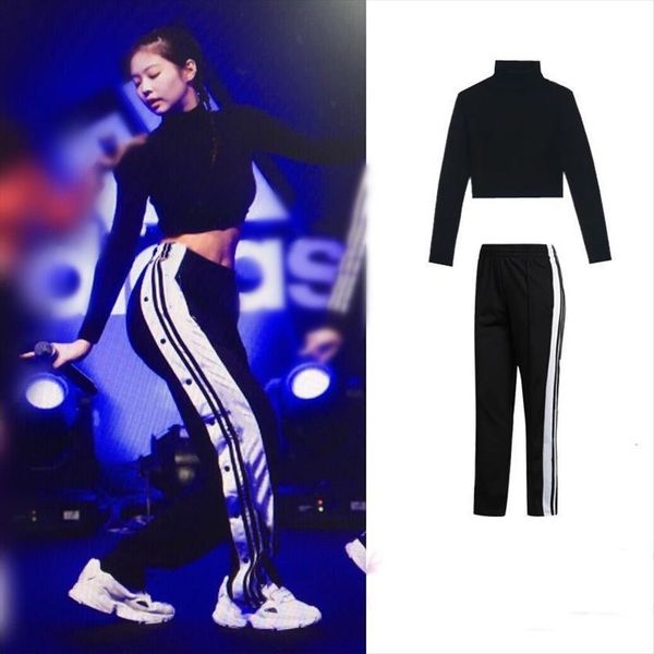 

kpop seo yea ji iu womens pant lee streetwear high waist pants women sweatpants korean slit casual side buckle, Black;white