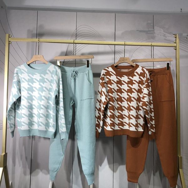 

women's two piece pants houndstooth knit trouser suits womens tracksuit korean fashion o-neck woman pullovers +harem sets winter outfit, White