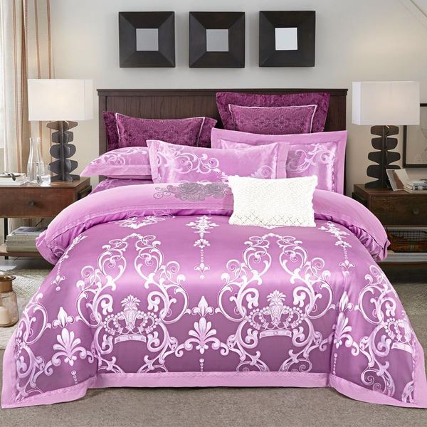 

bedding sets luxury silk cotton jacquard crown set embroidered quilt cover bed sheet size king 4pcs  pillowcases