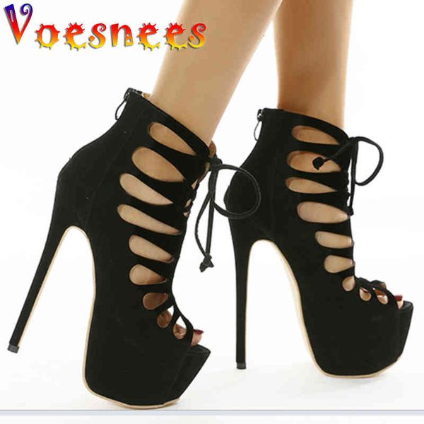 

sandals women 2021 summer black platform cross-tied high heels 16cm peep toe thin female model catwalk shoes eg22