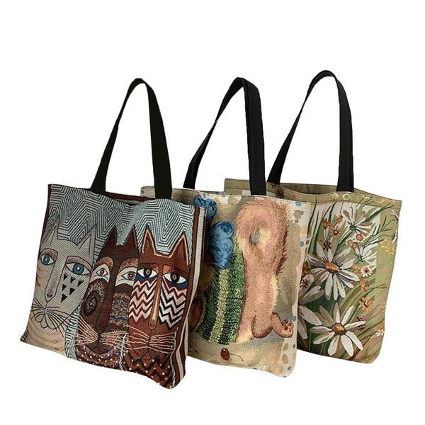 

storage bags 2021 women canvas tote double sided pattern shoulder vintage painted animal/floral bag large capacity handbag