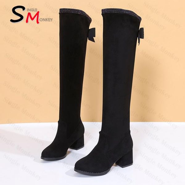 

boots fashion high heels suede warm women shoes 2021 winter bow chunky over the knee botas goth motorcycle designer pumps, Black