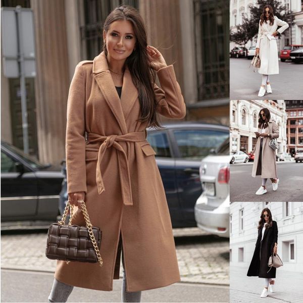 

women's jackets 2021 autumn and winter simple casual loose long-sleeved v-neck tie woolen coat clothing jacket, Black;brown