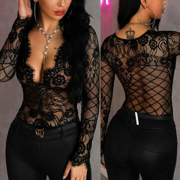 

hollow out lace bodycon womens jumpsuit bodysuit leotard long sleeve deep v neck see through female body top, Black;white