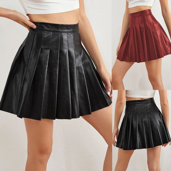

skirts pu pleated short summer elegant high waist leather style, Black