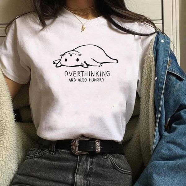 

funny overthinking cat printed womens short sleeve tee clothes graphic, White