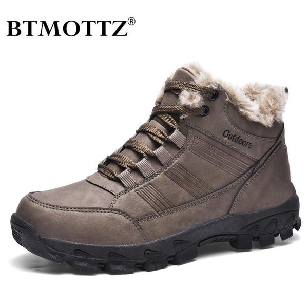 

boots leather winter men waterproof warm fur snow outdoor work casual shoes military combat rubber ankle, Black