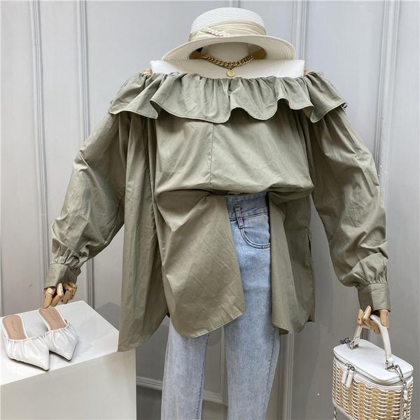 

women's blouses & shirts [ewq]2021 autumn off shoulder ruffled collar loose long-sleeved split strap shirt casual fashion trend lady bl, White