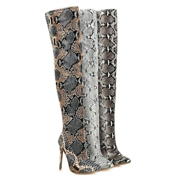 

boots nice brand women fashion snake leather over the knee zipper thin high heel pointed toe winter, Black