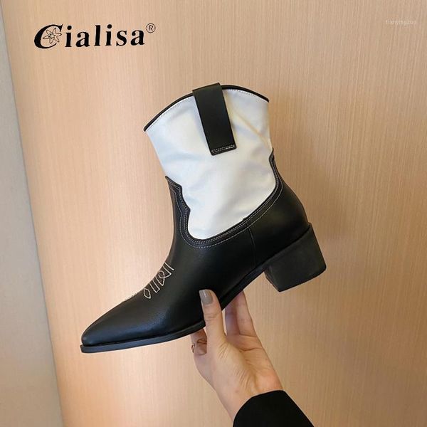 

boots cialisa shoes for women autumn winter genuine leather pointed thick retro punk designer ankle high1, Black