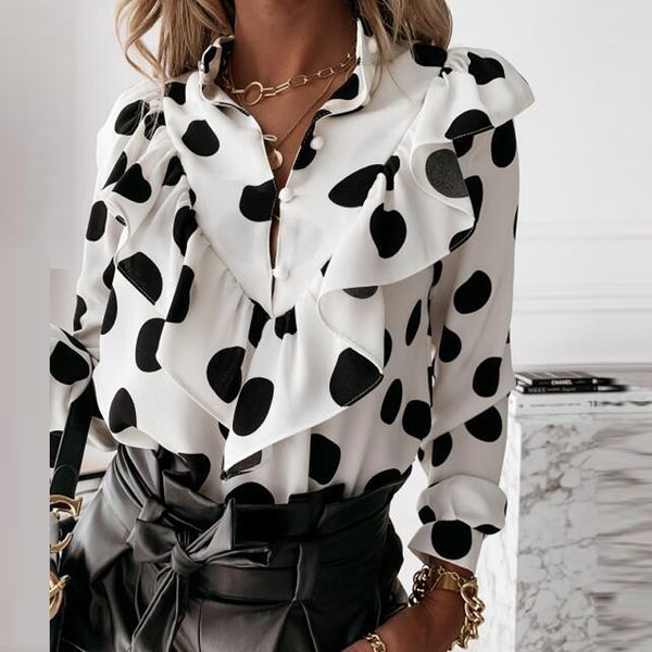 

women elegant v-neck ruffles blouse shirts autumn 2021 vintage polka dot print office lady casual fashion 3xl blouses blusa, White