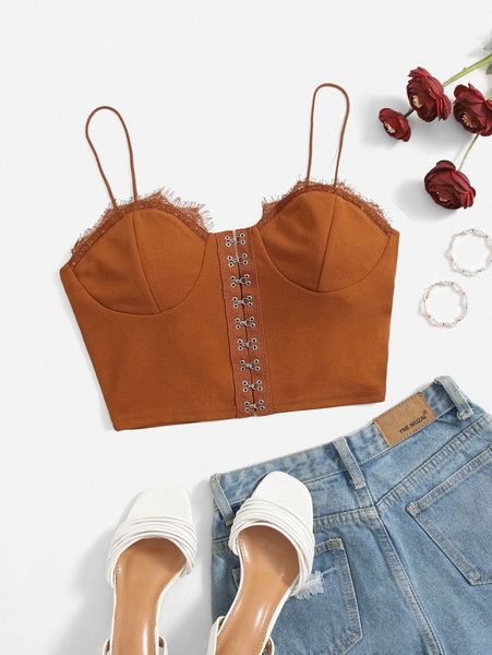 

lace trim hook and eye front bustier cami i5w8#, White