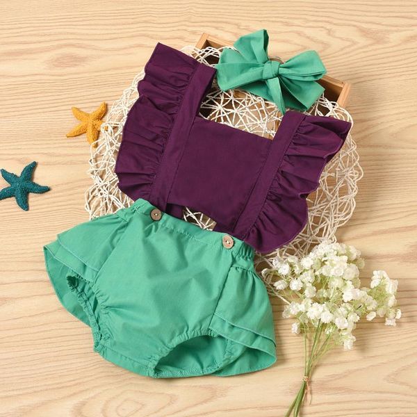 

clothing sets infant baby girls clothes ruffled sleeveless bodysuit sunsuit jumpsuit backless romper bodysuit+headbands outfits, White