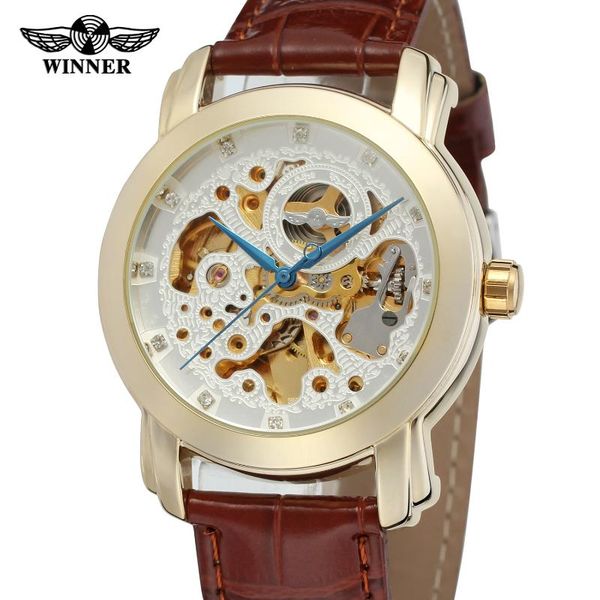 

wristwatches t-winner simple hollow blue hand mechanical movement automatic watch white circular men's, Slivery;brown