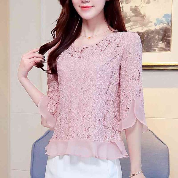

summer women chiffon ruffle half sleeve beading blouses shirt blusas female lace blusa femininas elegante 109c 210420, White