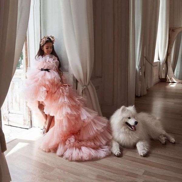 

2021 blush pink tulle flower girl dress girls pageant dresses strapless princess high low tiered layered ruffles kids birthday gowns black, White;blue