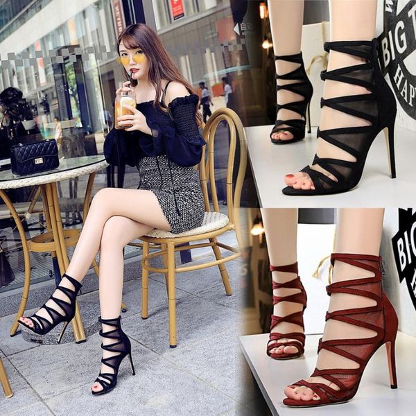 

women's high-heeled sandals with thin heel and ultra-high mesh hollow boots shoes dress, Black