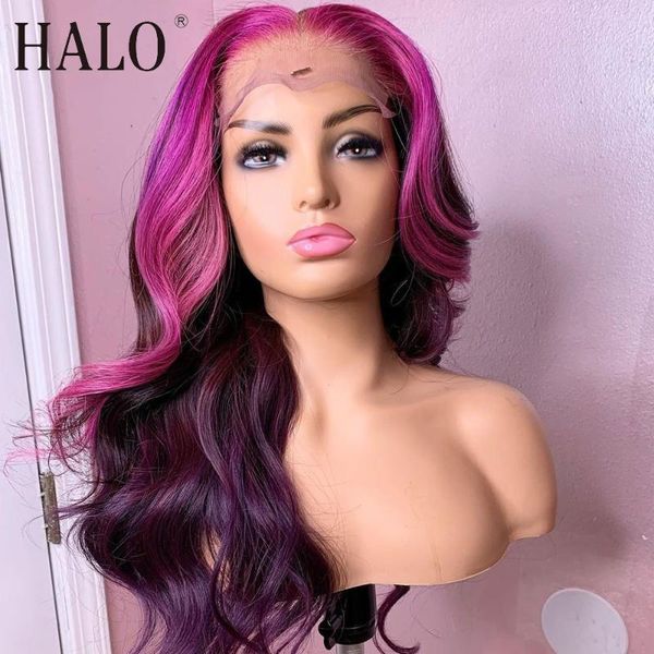 

lace wigs halo gradient purple colored frontal wiig body wave human hair wig for women with baby brazilian loose, Black;brown