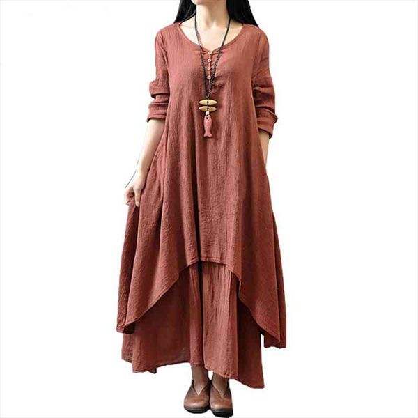 

cotton color maxi spring womens dresses false two-piece long sleeve round neck loose plus size irregular, Black;gray