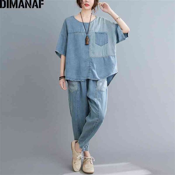 

summer plus size two piece set suit women vintage denim jeans blue oversize lady shirt loose long pants 210531, White