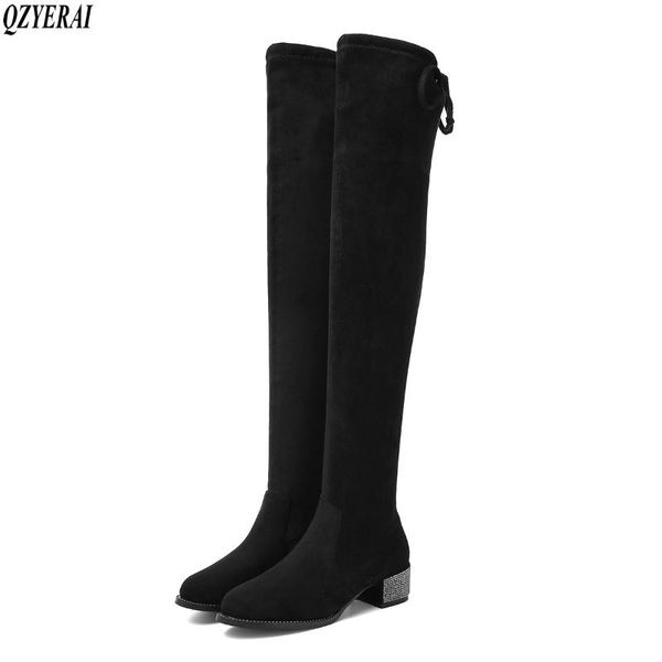 

boots 2021 ladies sheepskin shoes square low heel women over the knee scrub black pointed toe woman motorcycle
