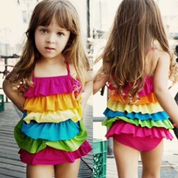 Regenbogen Baby Mädchen Bikini Badeanzüge Schichten Kinder Schwimmen tragen Kinder einteiligen Badeanzug Schwimmen Badekleidung Kleinkind 210413