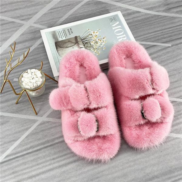 

and american slippers luxury 10% mink sandals doudle buckle female fluffy, Black