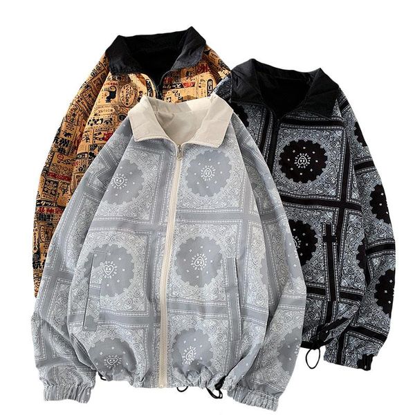 

two sides wear loose jacket men clothing spring and autumn ethnic print casual baseball coats men's jackets, Black;brown