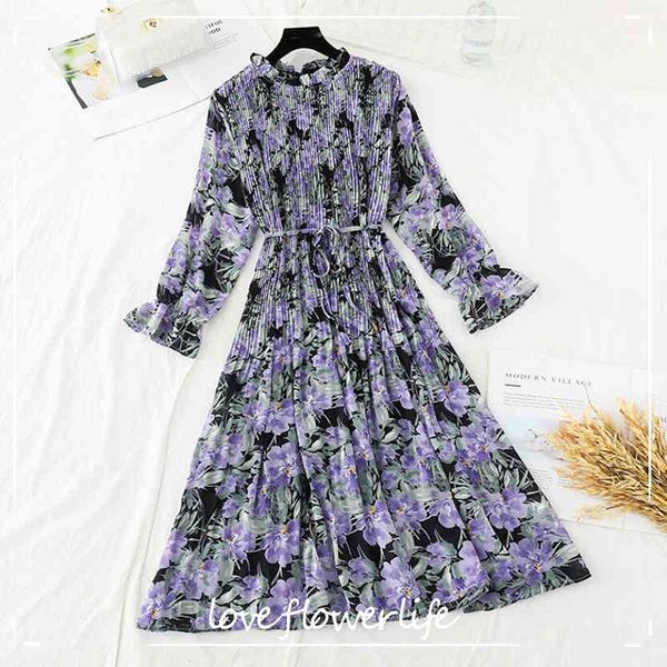 

spring autumn floral print dress women casual long sleeve ruffles chiffon dress sweet pleated midi long dress vestidos 210521, Black;gray