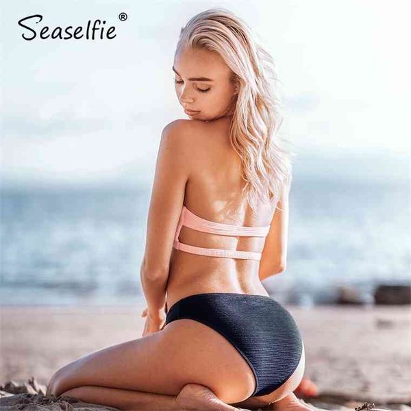 

seaselfie pink and navy halter low-waisted bikini sets swimsuit tank two pieces swimwear women 2021 beach bathing suit, White;black