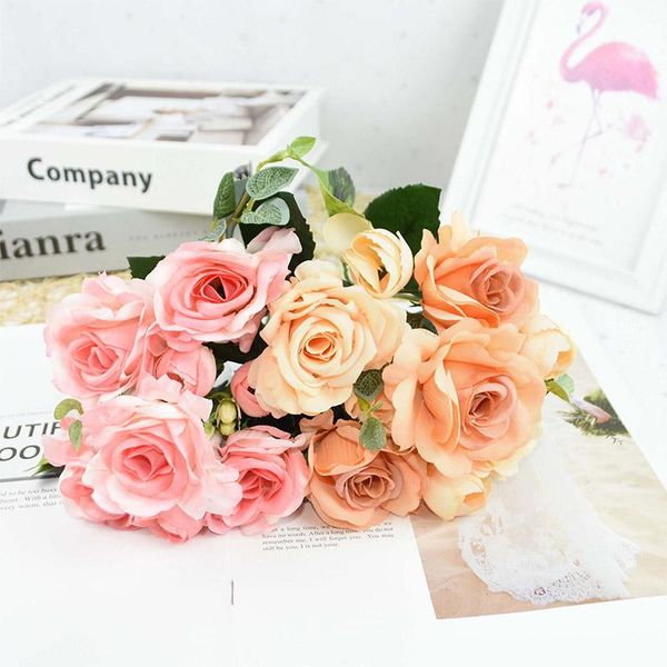 

bunch silk tea rose artificial flower bridal bouquet wedding decoration festival party home garden fake craft decorative flowers & wreaths