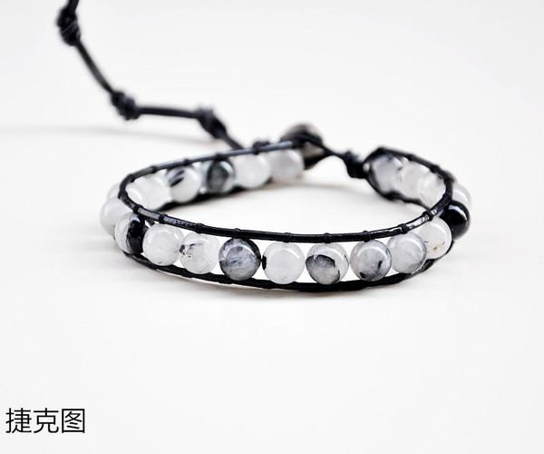 

tennis 8mm black hair crystal beads bracelet on leather, Golden;silver