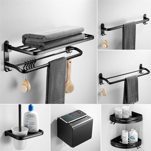 

bathroom accessories set black aluminium towel rack paper/toilet brush/hair dryer holder tissue box coner shelf bath hardware accessory
