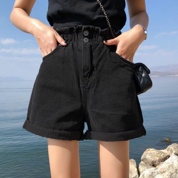 

plus size summer black denim women shorts large 5xl harem ruffle white high waisted elastic waist jeans, White;black