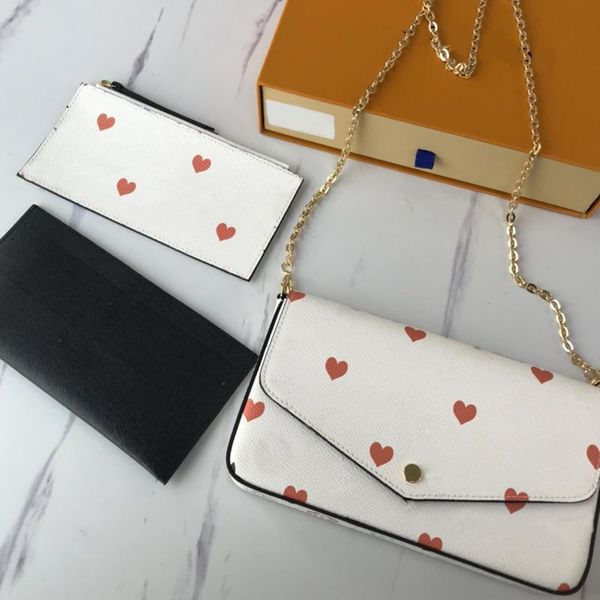 

messenger bags golden chain shoulder bag purse wallets fashion genuine leather hearts patchwork letter zipper hasp three pic, Black;red