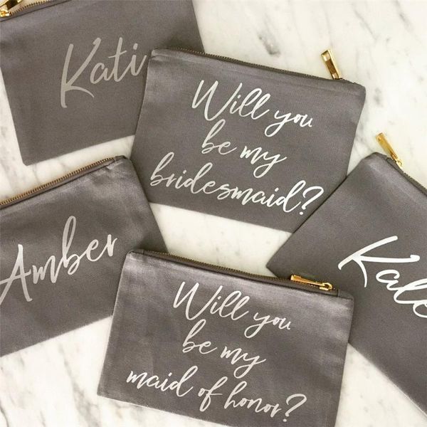 

cosmetic bags & cases personalized makeup bag, bridesmaid gift, maid of honor custom text wedding party favors canvas toiletry bag