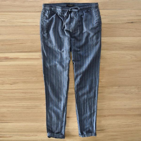 

men's pants men 100%linen fashion blue stripes comfortable male trousers casual straight lightweight, Black