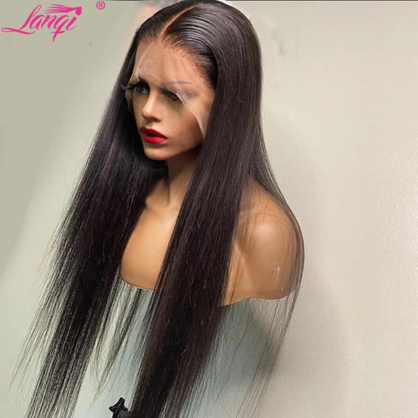 

lace wigs lanqi brazilian bone straight front human hair for women pre plucked 30 inch t part frontal wig closure, Black;brown