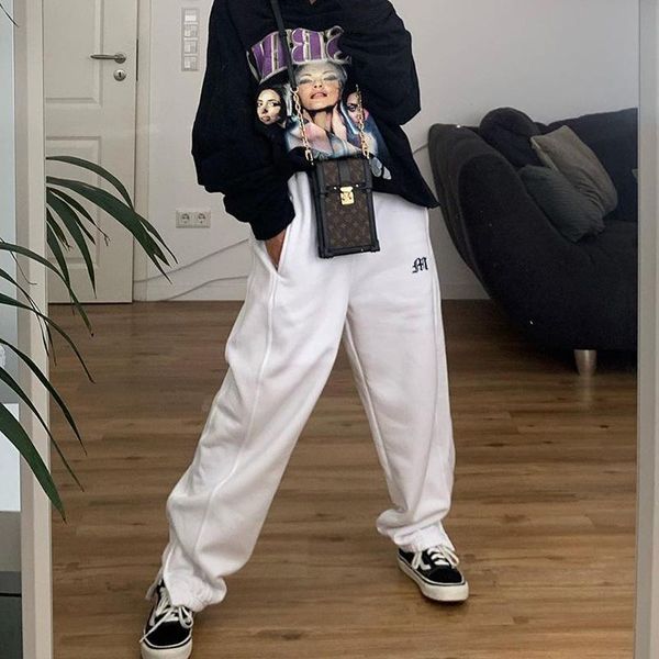 

women's pants & capris letter embroidery casual women baggy jogger sweatpants drawstring high waist zipper slit loose harem streetwear, Black;white
