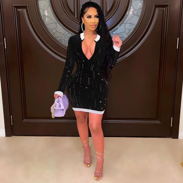 

casual dresses hole long sleeve mini for women 2021 fall winter party night club outfits elegant birthday bodycon dress, Black;gray