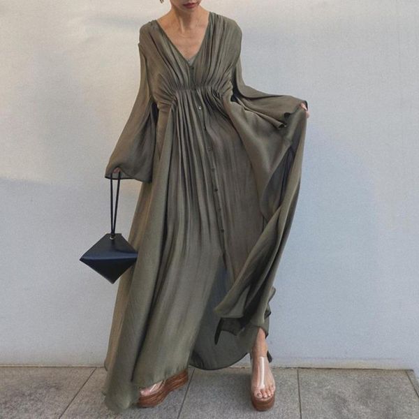 

casual dresses wiccon women long sleeve 2021 autumn summer v neck a-line high waist pleated maxi office ladies, Black;gray