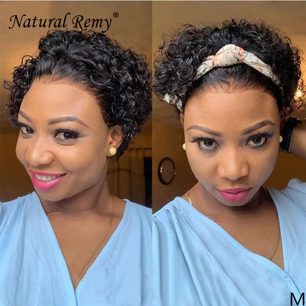 

short curly pixie cut 13x1 lace wigs human hair 180% density, Black;brown