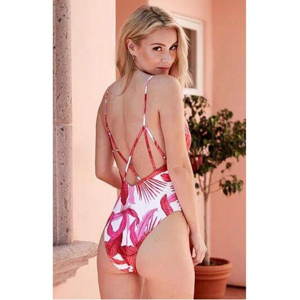 

one-piece suits women push-up padded bra bandage bikini set swimsuit triangle swimwear floral backless bathing suit