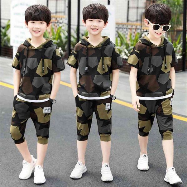 

boys summer kids clothes sets 6 8 10 12 14 years boy sport suit camouflage short sleeve t shirt pants, White