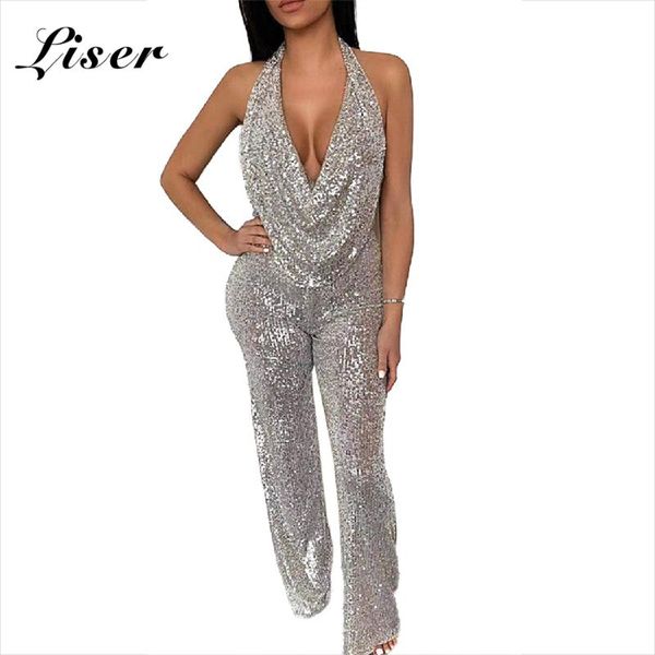 

women's jumpsuits & rompers liser 2021 summer women halter neck sequined jumpuits bodycon elegant club celebrity party jumpsuit vestido, Black;white