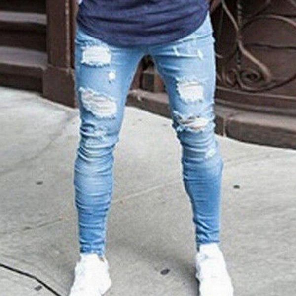 

men's jeans shzq fashion streetwear mens destroyed ripped design pencil pants ankle skinny men full length, Blue