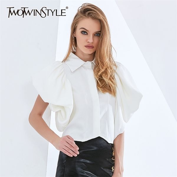 Elegante camicia solida per donna manica a farfalla con risvolto camicetta bianca di grandi dimensioni abbigliamento alla moda primavera femminile 210524