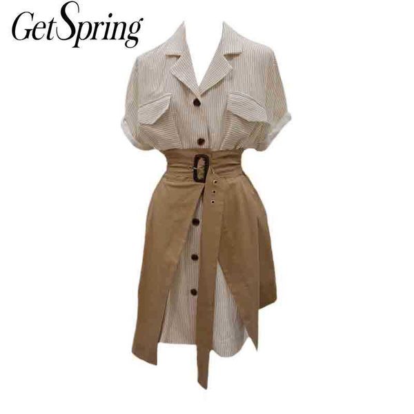 

getspring women skirt sets loose long striped shirt belt split short two piece fashion ladies 210601, White