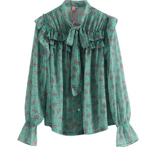 

chiffon blouses shirt korean style clothes long sleeve red floral printed ruffled bow tie flower blouse vintage 210601, White