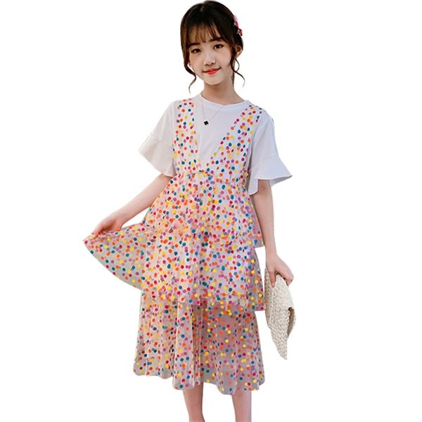

teen girls clothing tshirt + dot mesh dress est sets summer costumes for children 210527, White